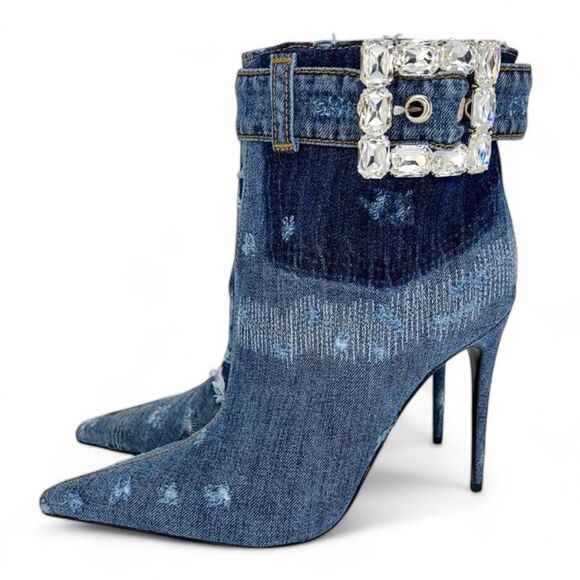 NWT DOLCE & GABBANA Dark Denim Patchwork DGLogo Rhinestone Ankle Boots S… - Picture 5 of 12